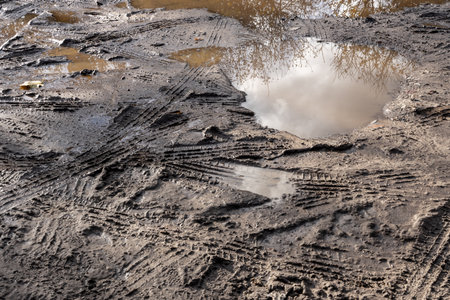 Close-up of muddy soil showing tire marks, footprints, and vehicle traces. Outdoor, natural texture...