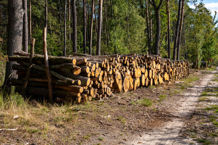Spilled logs stacked on a roadside after tree cutting, illustrating deforestation and negative...