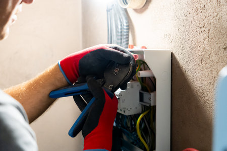 Electrician performing maintenance or installation work inside an electrical panel, ensuring safety and proper electrical connection.の写真素材