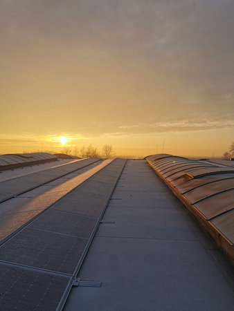 Solar panels on a flat membrane roof, arranged east-west for balanced energy generation throughout...