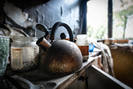 A dirty kettle sits on a kitchen table covered in soot and grime, reflecting the neglected and...