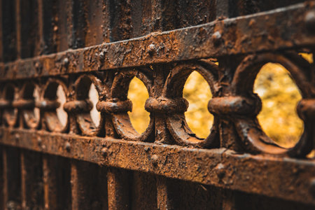 Close-up of a decorative pattern made of circular elements on a vintage wrought iron fence. The metal is covered in rust, highlighting its age and texture.の写真素材