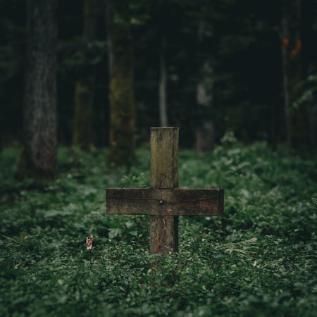 An old weathered wooden cross standing among dense greenery in a quiet forest. The atmosphere is moody and somber, suggesting themes of memory, history, or loss.の写真素材