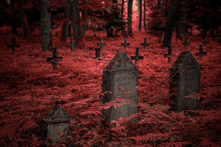 World War I German cemetery, surrounded by red forest. An eerie, historical scene filled with...
