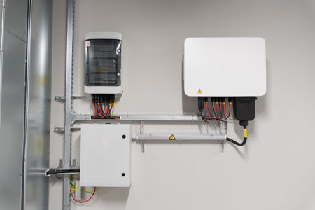 Solar inverter installed alongside two electrical panels, showing equipment for managing and distributing energy in photovoltaic systems.の写真素材