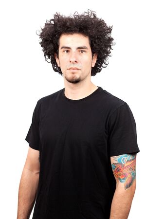 Handsome Young Man With Long Curly Hair And Goatee On A White