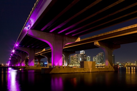 Downtown Miami Night Skyline with MacArthur Causeway Bridgeの写真素材