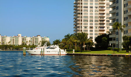 Fort Lauderdale Intracoastal Waterway with yachts and condominiums のeditorial素材