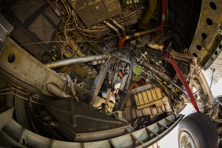 Close up view of the landing gear of the B-52 Stratofortress long range bomber jet  のeditorial素材