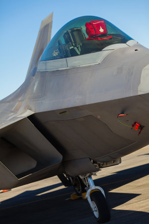 Close up view of the American F-22 Raptor stealth fighter jet.