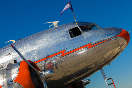 Close up view of a vintage DC-3 propeller passenger and cargo airplane.