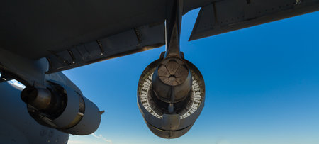 Close up view of the rear of the engine of the American C-17 Globemaster transport jet airplane.