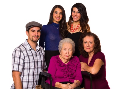 Family with their handicapped grandmother on a white background 