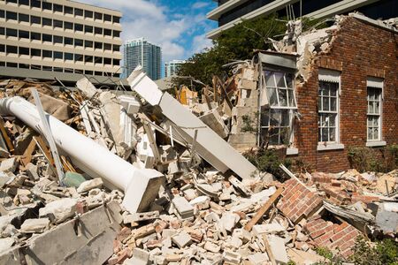 Close up view of a demolished building at a construction site の写真素材