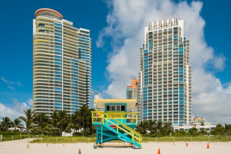 South Beach lifeguard station in Miami Beach with tall condos in the background の写真素材