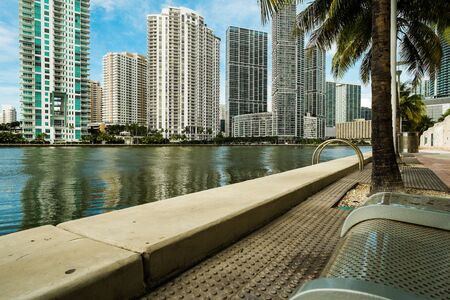 Downtown Miami along the Miami River inlet with Brickell Key in the background の写真素材