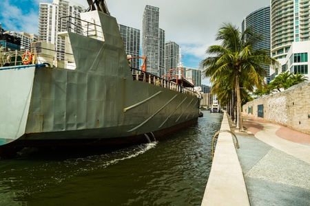 Cargo ship entering the Miami River in Downtown Miami の写真素材