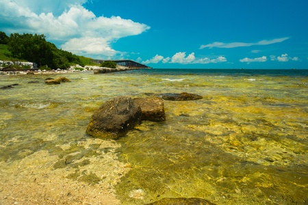 Beautiful Florida Keys along the shoreline with the Bahia Honda bridge in the background.の写真素材