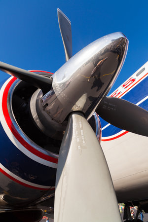 Close up view of a vintage propellar passenger airplane.のeditorial素材