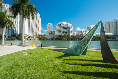 Downtown Miami along Biscayne Bay with Brickell Key in the background.の写真素材