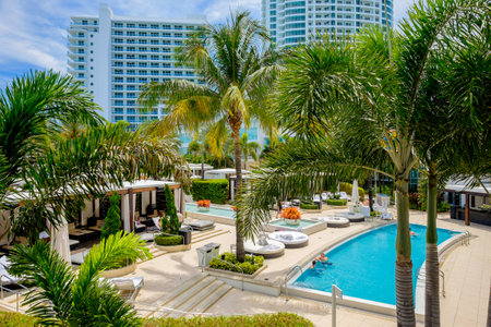 MIAMI BEACH, FLORIDA USA APRIL 21, 2013: The historic Fontainebleau Hotel by architect Morris Lapidus on Miami Beach is a popular international tourist destination.のeditorial素材