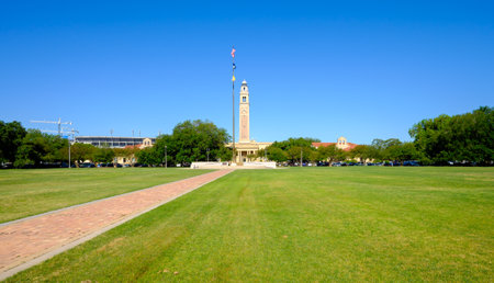 BATON ROUGE, LOUISIANA USA - MAY 5,2014: The 175 foot Memorial Tower, or Campanile, located on the Louisiana State University campus was erected in 1923 is a memorial to Louisianans who died in World War I.のeditorial素材