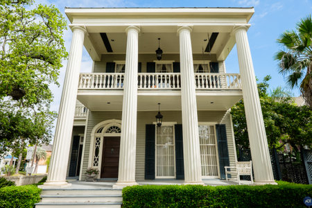 GALVESTON, TEXAS USA - MAY 6, 2014: The Silk Stocking Residential Historic District in Galveston contains beautifully restored vintage homes of the Queen Anne architecture style.のeditorial素材