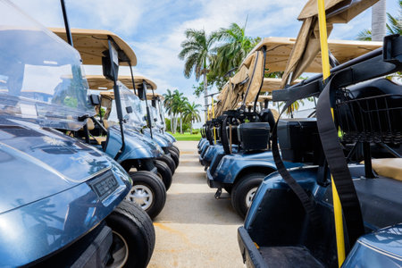 MIAMI BEACH, FL USA - MAY 30, 2014: Large group of golf carts lined up waiting for golfers at the...