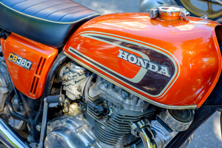 MIAMI, FLORIDA USA - APRIL 12, 2014  Close up of a vintage Honda motorcycle on display at the Old Soul Young Blood Vintage Motorcycle festival のeditorial素材