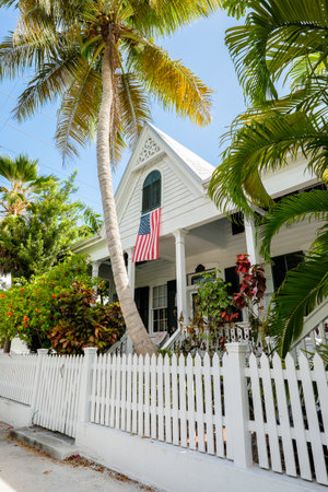 KEY WEST, FLORIDA USA - JUNE 26, 2014: A beautifully restored vintage home in the residential Historic District of Key West.のeditorial素材