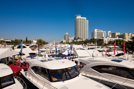 Miami Beach, Fl USA - February 13, 2015: The popular Miami International Boat Show features more than 3,000 boats and 2,000 exhibitors from all over the globe.のeditorial素材