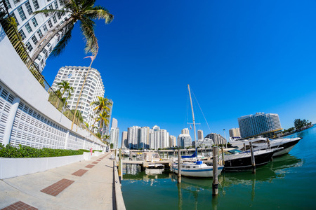 Fish eye view of the Brickell area in downtown Miami along Biscayne Bay.