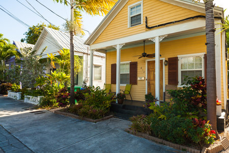 Key West, Florida USA - March 3, 2015: Typical wood frame architecture style home in the residential district of Key West.のeditorial素材