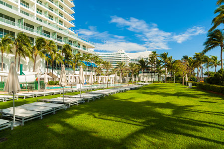 Miami Beach, FL USA - Octobet 3, 2012: The beautiful pool area of the historic art deco Fontainebleau Hotel on Miami Beach.のeditorial素材