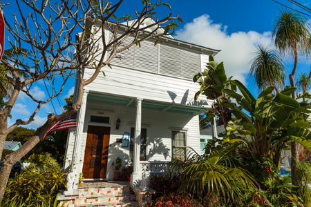 Key West, Florida USA - March 3, 2015: Typical wood frame architecture style home in the residential Historic District of Key West.のeditorial素材