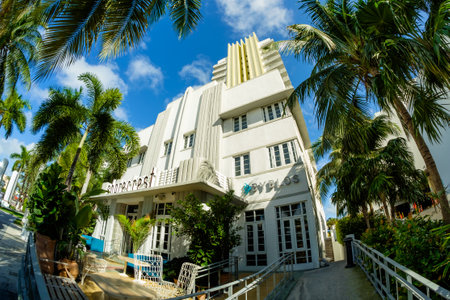 Miami Beach, Florida USA - December 29, 2015: Fish eye view of the beautiful Shorecrest Hotel in Miami Beach, a popular international travel destination, with palm trees and art deco architecture.のeditorial素材