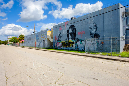 Miami, Florida USA - October 4, 2015: The  urban Wynwood area in midtown has become a popular tourist destination to view the colorful graffiti art murals that cover the facades of commercial warehouse style buildings.のeditorial素材