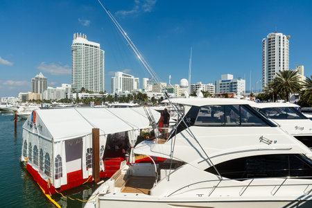 Miami Beach, Fl USA - February 13, 2016: The popular Miami International Boat Show features more than 3,000 boats and 2,000 exhibitors from all over the world.のeditorial素材