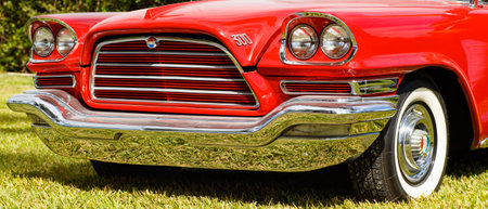 Miami, Florida USA - February 28, 2016: Close up view of the front end of a beautifully restored American Chrysler automobile.のeditorial素材