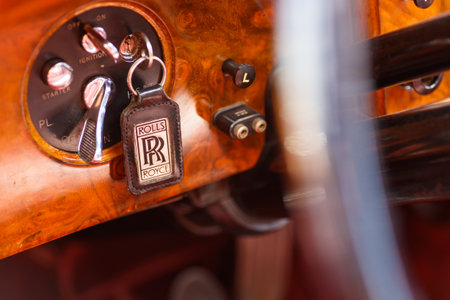 Miami, FL USA - February 28, 2016: Close up view of the interior of a beautifully restored 1952 Rolls Royce automobile.のeditorial素材