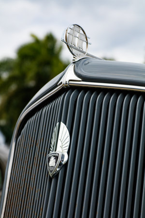 Miami, Florida USA - February 28, 2016: Close up view of the front end of a beautifully restored 1934 American Plymouth automobile.のeditorial素材