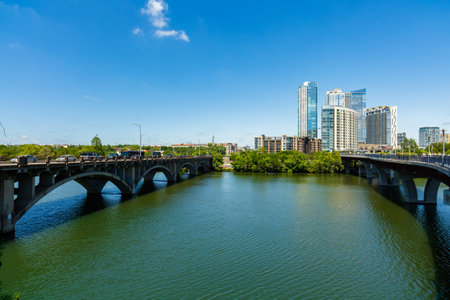 Austin, TX USA - April 14, 2016: The Lamar Street Bridges are popular thoroughfares over the Colorado River in the downtown area.のeditorial素材