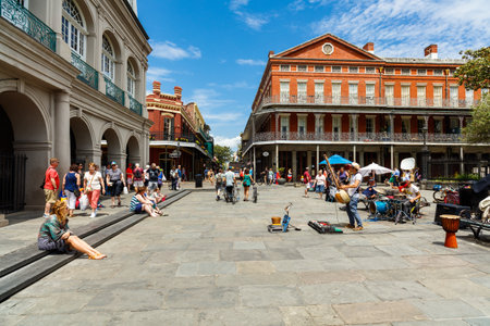 New Orleans, LA USA - April 20, 2016: Street musicians performing by Jackson Square in the historic French Quarter district.のeditorial素材