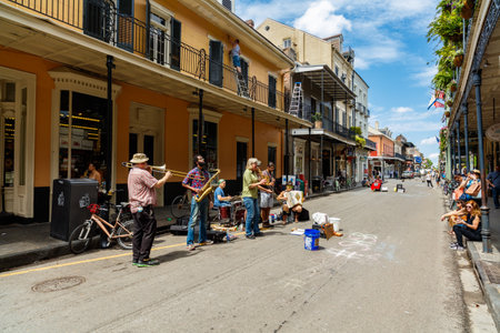 New Orleans, LA USA - April 20, 2016: Street musicians performing jazz music in the historic French Quarter district on Royal Street.のeditorial素材