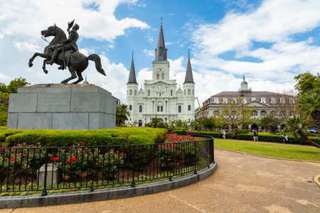 New Orleans, LA USA - April 20, 2016: Popular Jackson Square with Andrew Jackson statue and Saint Louis Cathedral in the French Quarter.のeditorial素材