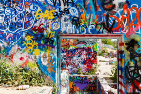 Austin, Texas USA - April 8, 2016: Colorful graffiti on the walls of the popular Hope Outdoor Gallery on Baylor Street near downtown Austin.のeditorial素材
