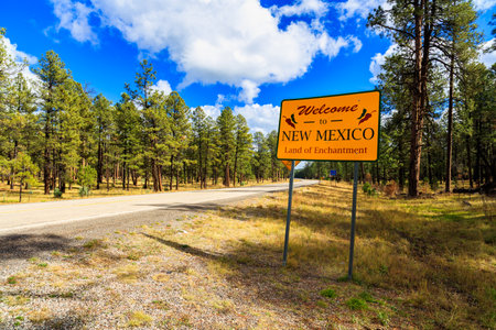 Welcome to New Mexico sign along the roadside.のeditorial素材