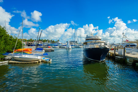 Coconut Grove, FL USA - December 24, 2016: Boats docked in a crowded marina in Coconut Grove in Miami.のeditorial素材