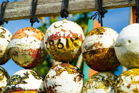 A large collection of marine styrofoam buoy floats hanging by a marina.のeditorial素材