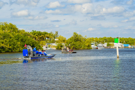 Everglades City, FL USA - January 26, 2017: The small coastal town in the Everglades is a popular tourist destination with airboat rides along the Barron River.のeditorial素材